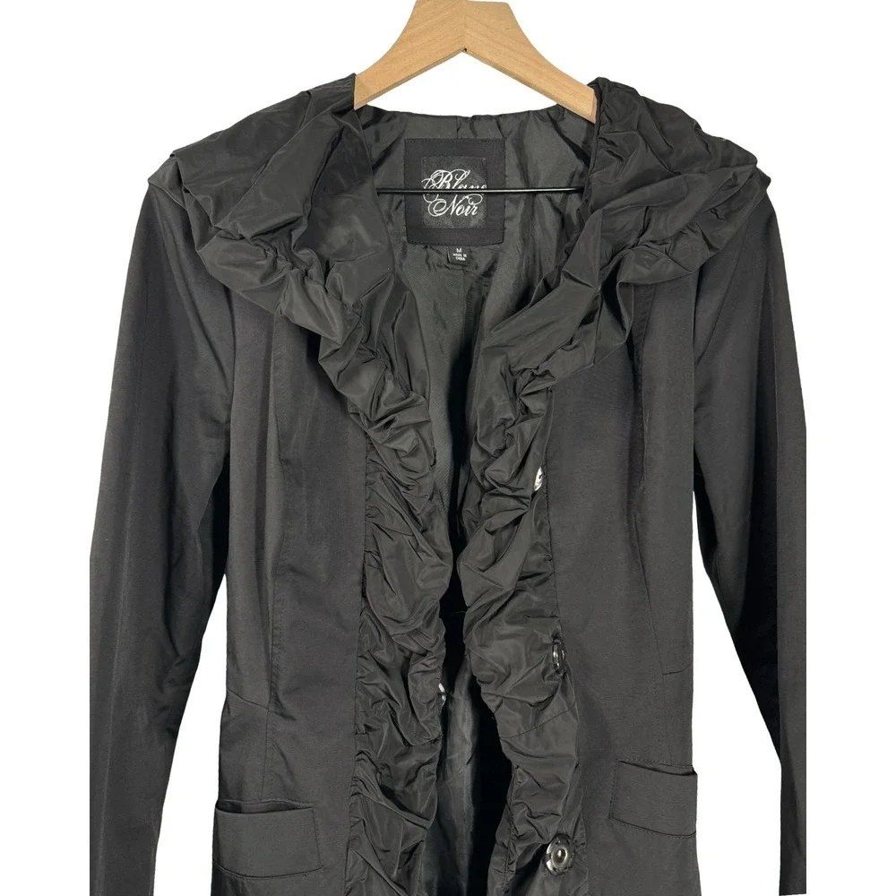 Blanc Noir Womens Black Ruffle Trim Trench‎ Coat Jacket SAM384 Medium